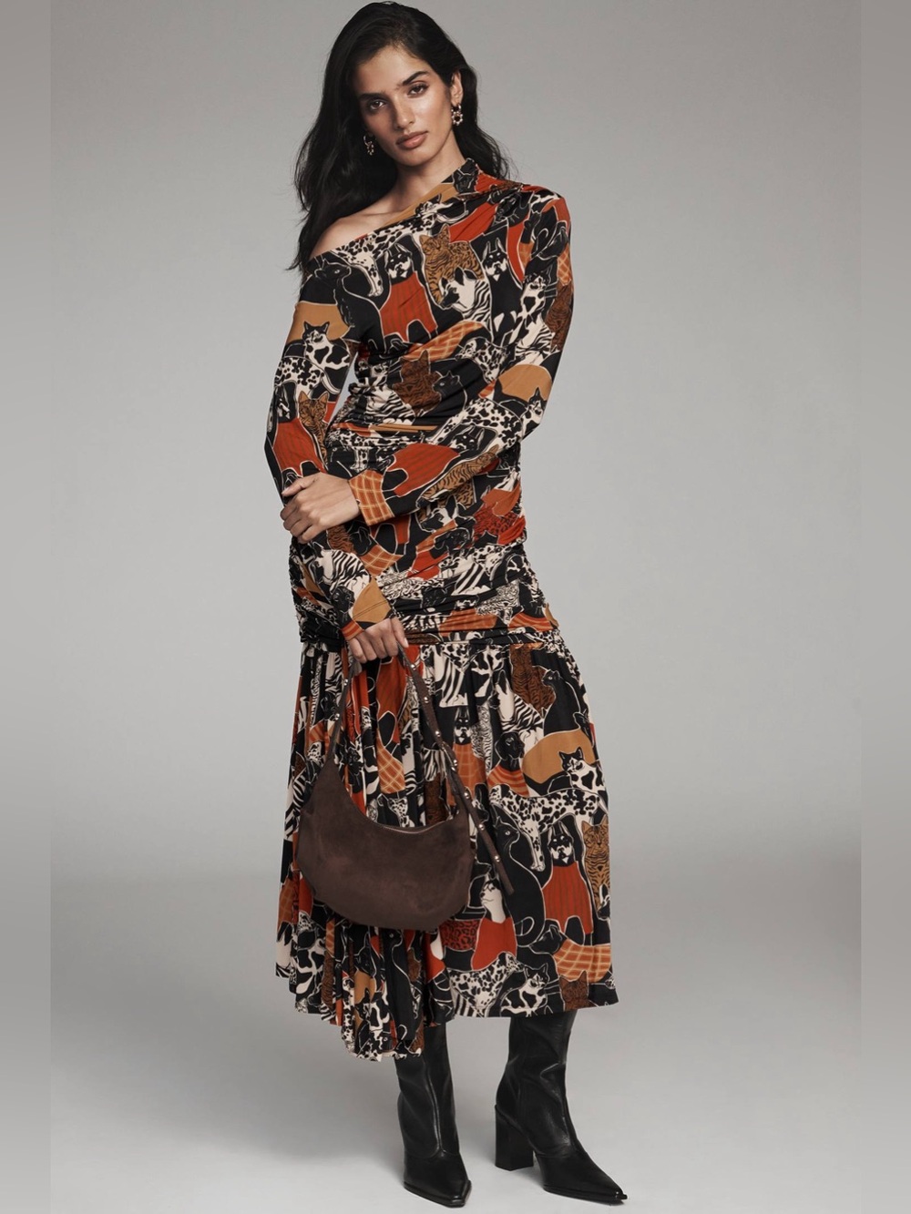 Farm Rio: Multicolor Cats And Dogs Long
Sleeve Draped Midi Dress